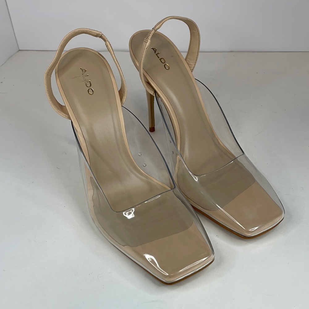 New Women’s Aldo Nude & Clear Square Toe Slingback High Heels size 8.5